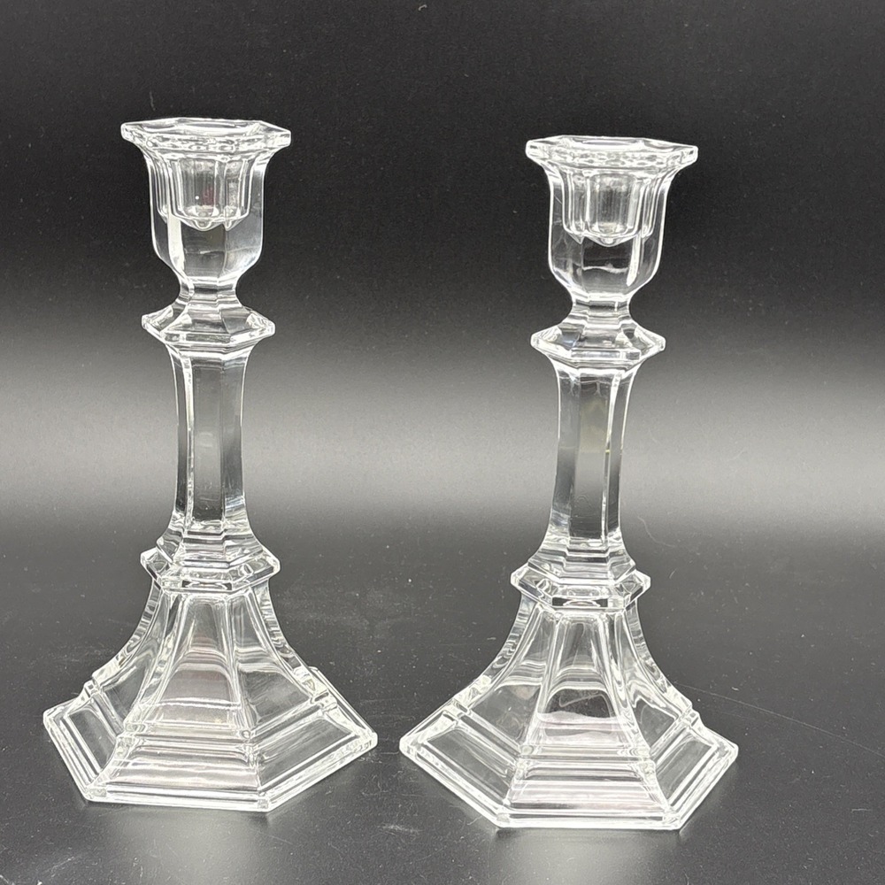 Vintage St. George Crystal Newport Candlestick Holders Hexagon Base Pair